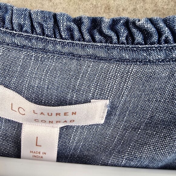 Lauren Conrad Womens Chambray Blue Tie-Neck Lightweight Short Sleeve Blouse - Picture 3 of 7